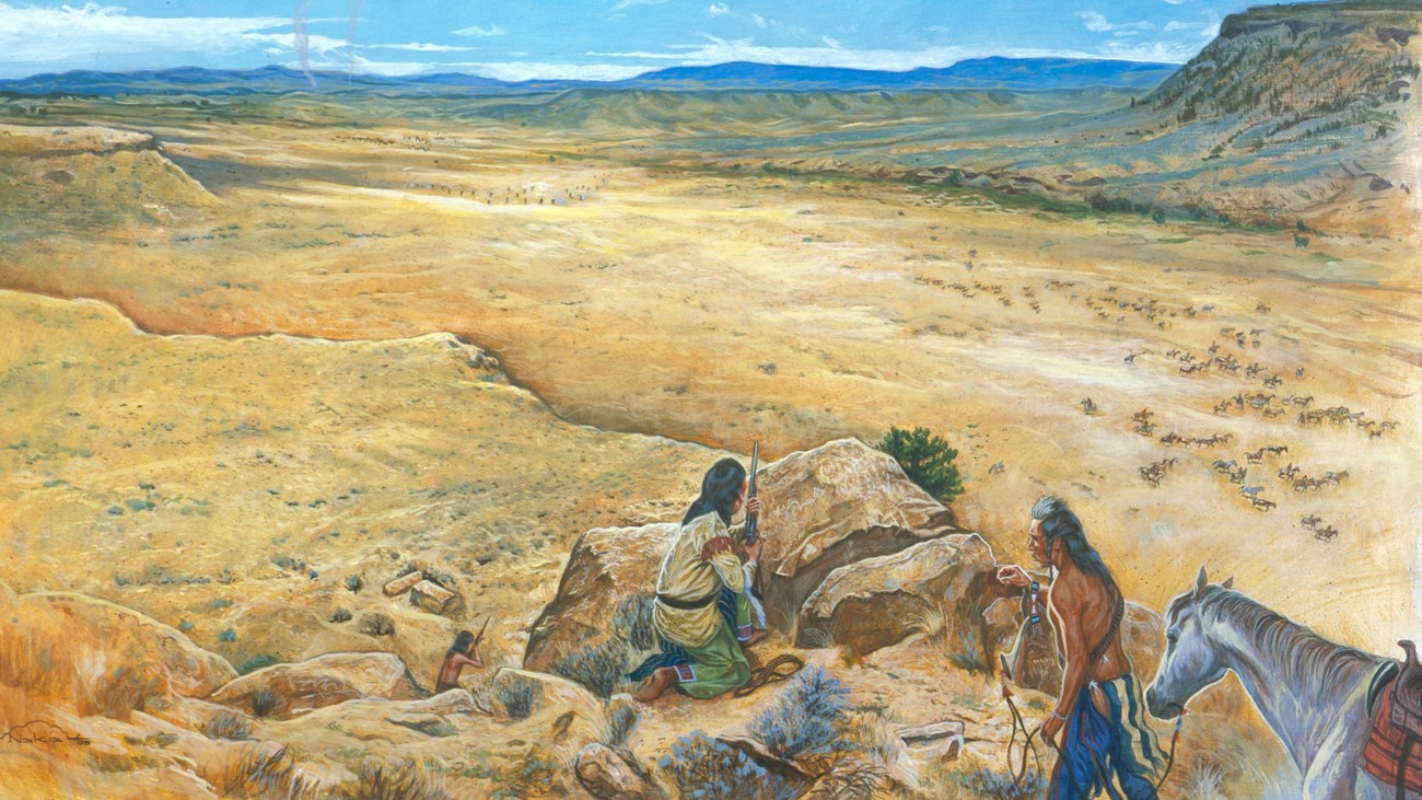 A painting that depicts two Nez Perce on top of a canyon looking down at the soldiers below.