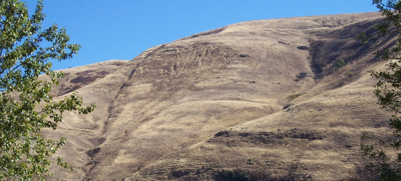 A mountain hillside on a sunny day, with the basalt formation that gives the site its name.